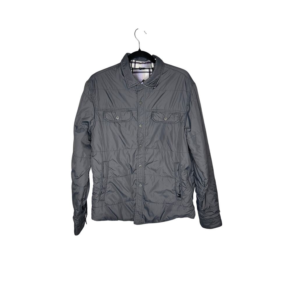 prAna Rhody Reversible Jacket Mens Medium Charcoal Gray Purple Plaid Shacket